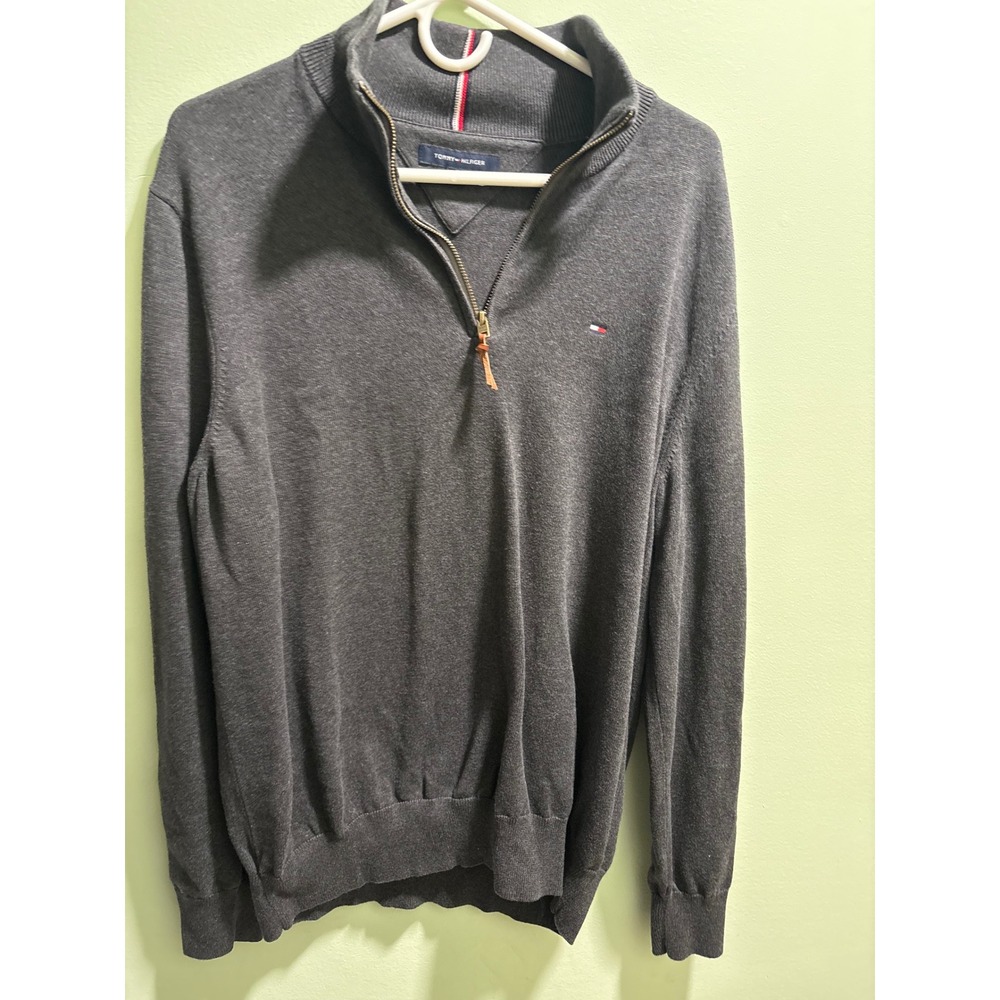 Tommy Hilfiger Womens XL Charcoal Gray Quarter Zip Pullover Sweater Flag Logo